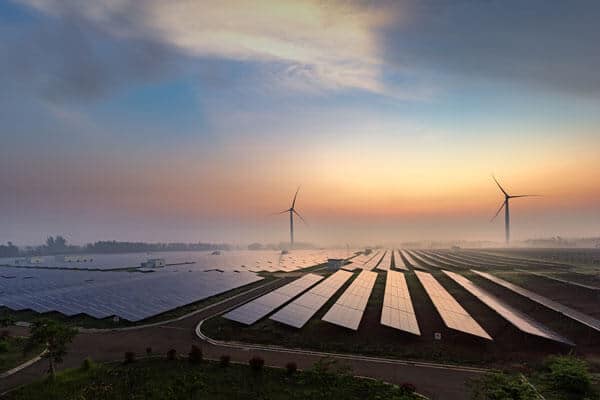 Solar panel farm and wind turbines