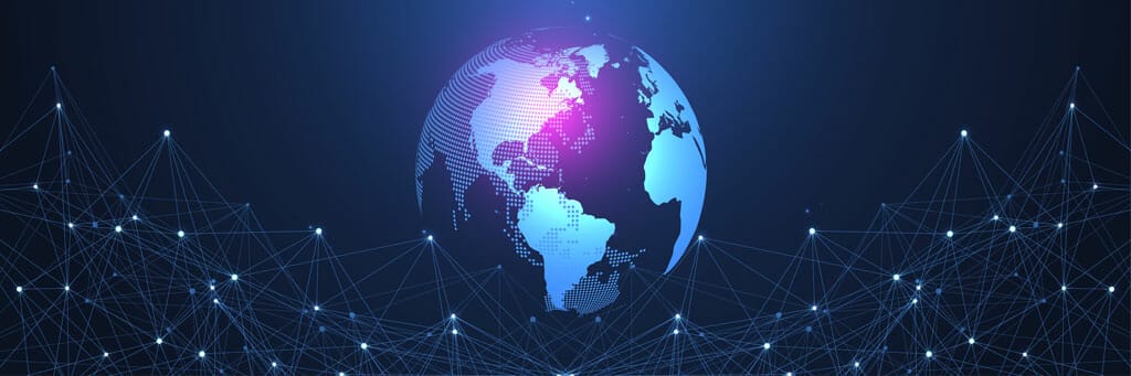 Digitized graphic of globe surrounded by nodes